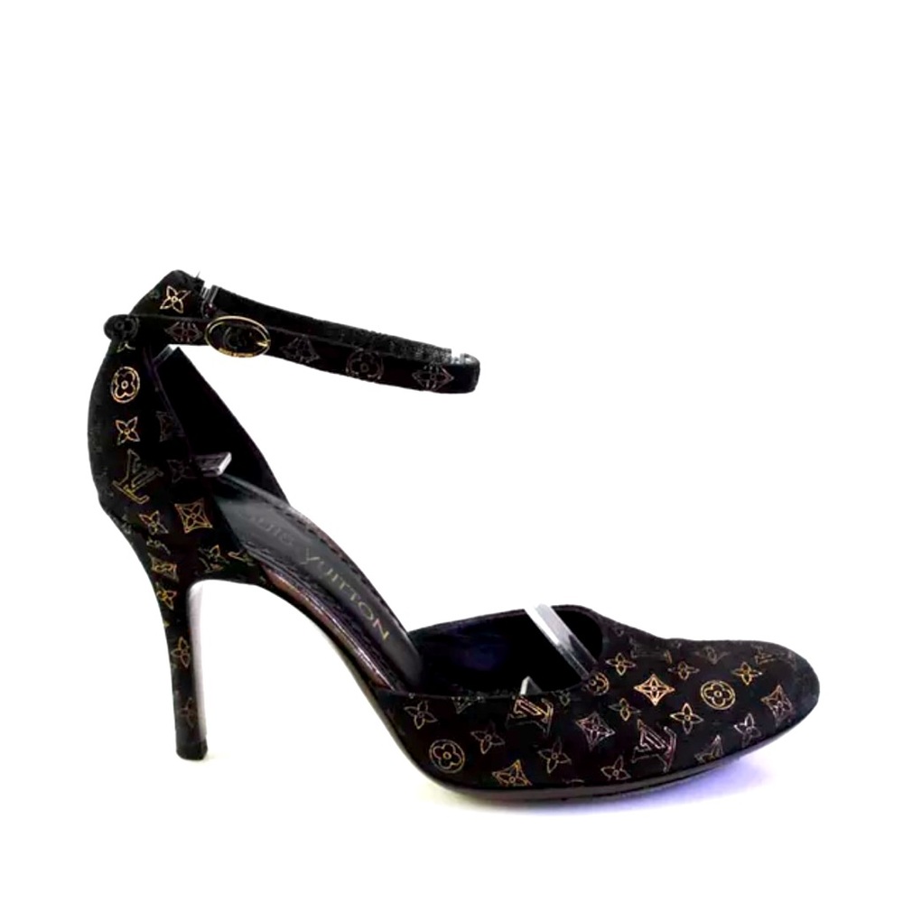 LOUIS VUITTON BLACK SUEDE HEELS METALLIC GOLD LV LOGO PRINT IT SIZE 37 - Picture 2 of 10